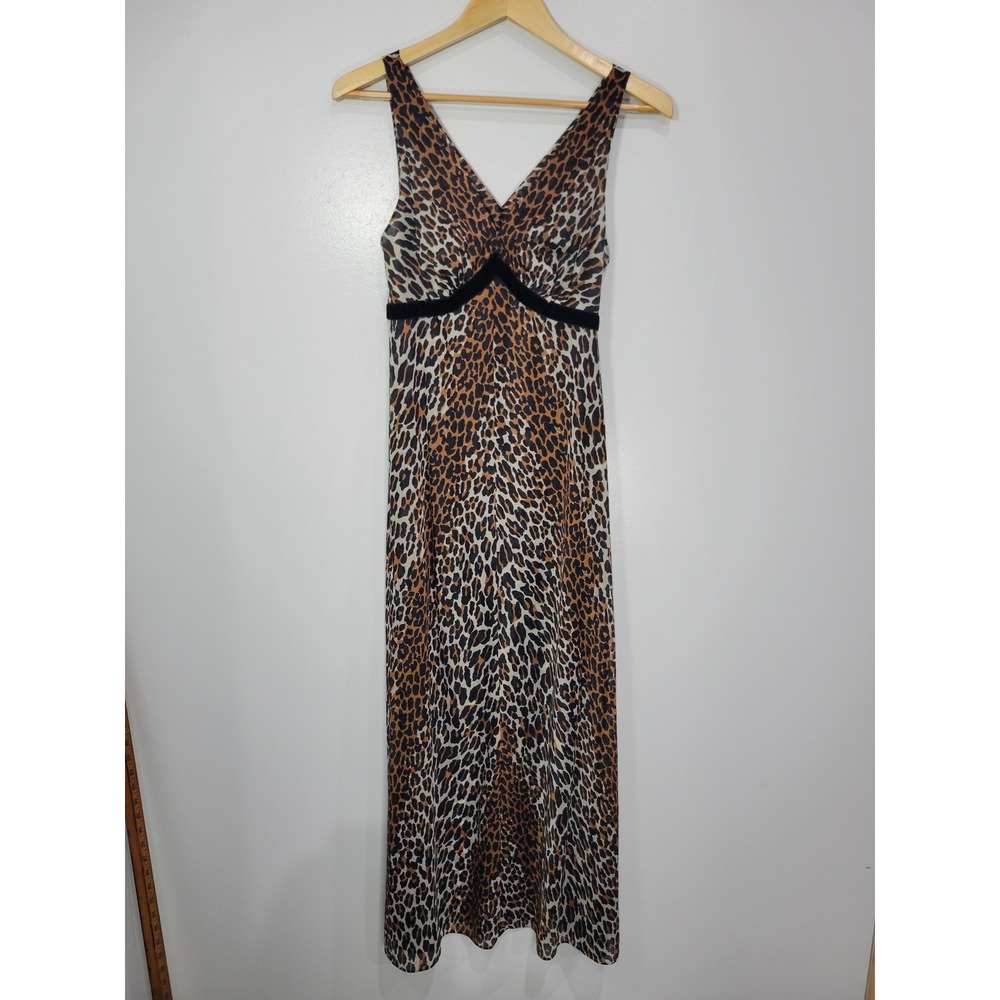 Vintage Vanity Fair Leopard Print Maxi Slip Dress Velvet Tie Nylon Tricot 34